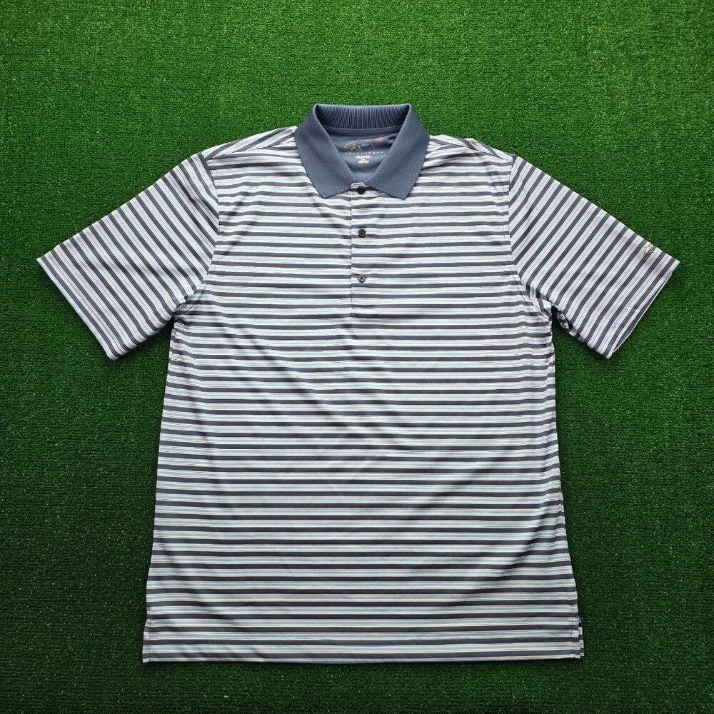 Greg Norman Polo Shirt Mens Medium/Large Blue Striped Golf Performance Casual